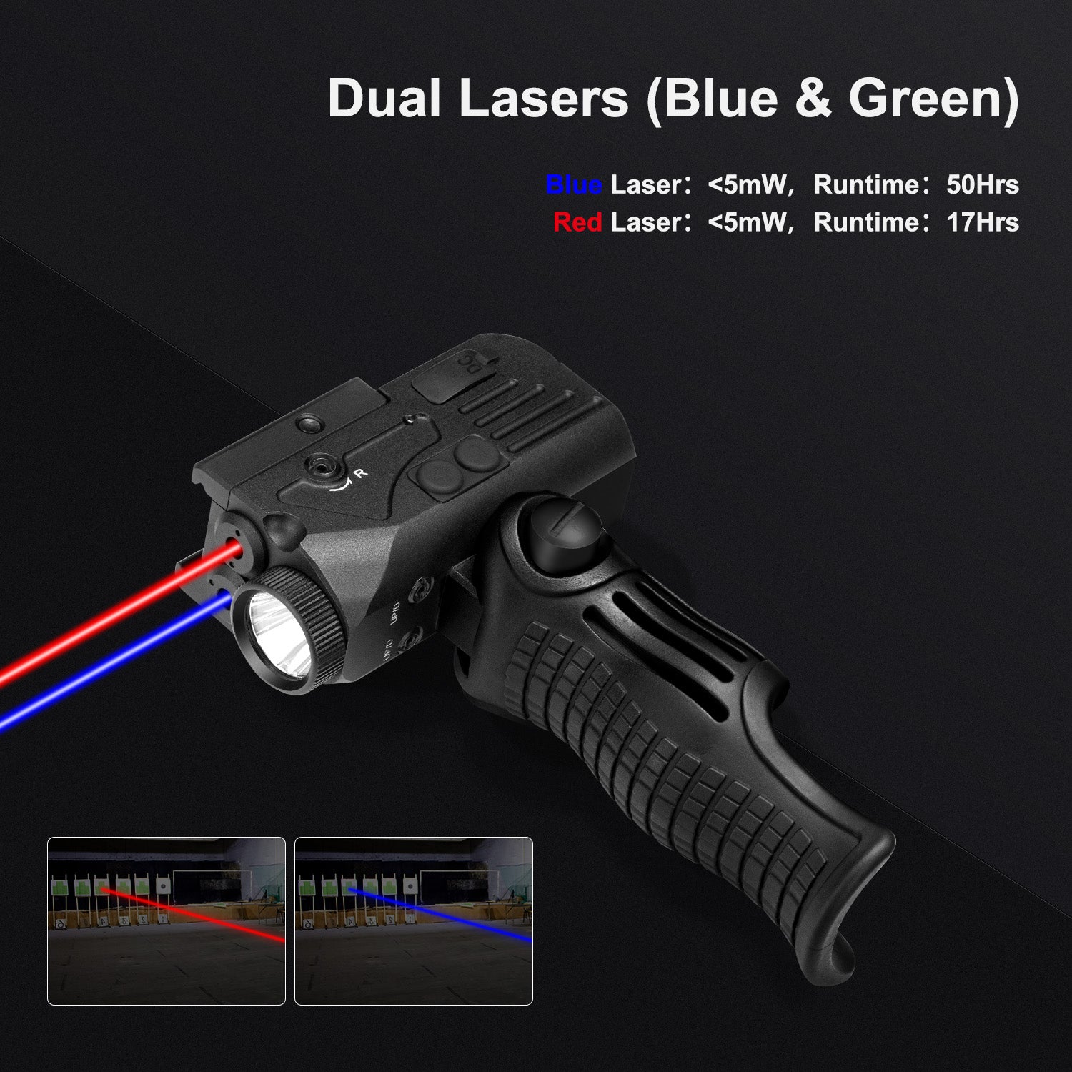 1200 Lumens LED White Flashlight with Dual Laser Sights, Rechargeable Red&Green Laser Beams with 5 LED Light Modes - Hard Anodized Aluminum, Laser Class IIIA, Less Than 5mW